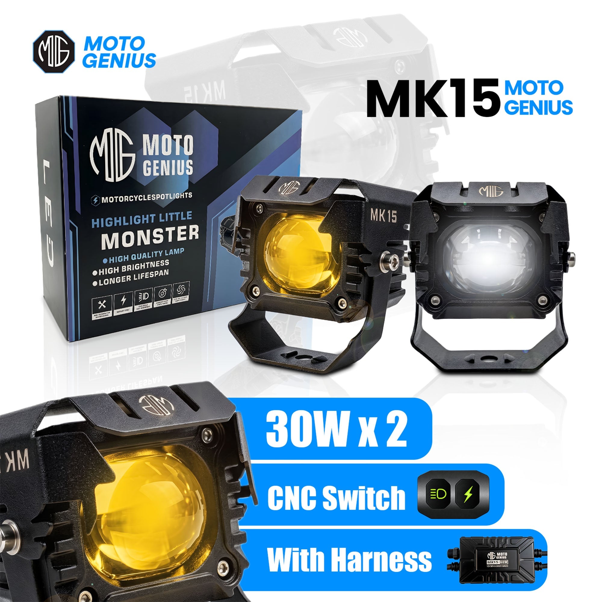 車外アクセサリ Moto Hand Grip&Magnetic Bike Lights MK15 60W LED Fog Lights | Dual Color Auxiliary Lights with Harness