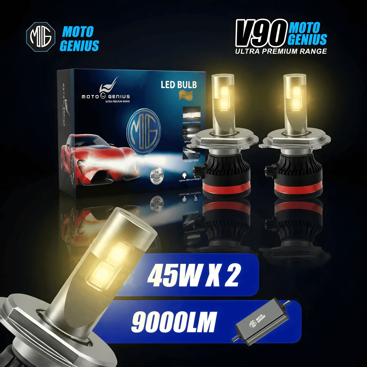 MOTO GENIUS Super Bright 90W H4 LED Headlight Conversion Kit (Pack of 2) – Waterproof High & Low Beam White Light Bulbs for Cars, Motorcycles, Bikes & Scooters, 9V-32V Universal Fit - Moto Genius