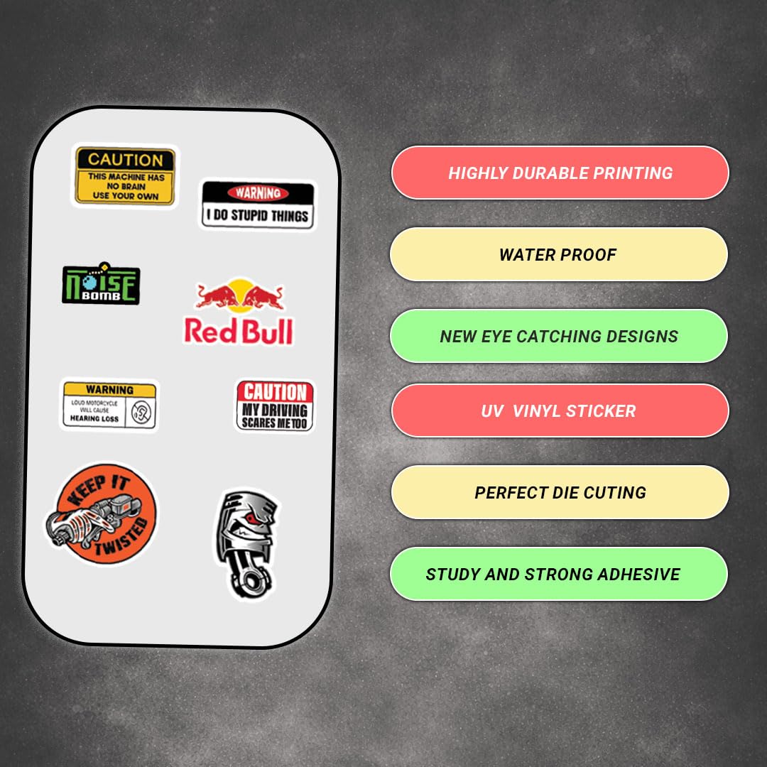 Racing Bike Caution 3D Vinyl Stickers | Waterproof, Fade-Proof, Self-Adhesive Warning Decals for Helmet, Bike, Car, Laptop & Mobile | Safety & Alert Stickers (11 PC) - Moto Genius