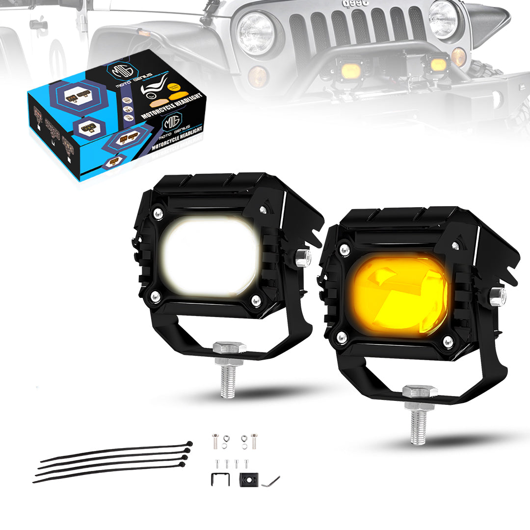 MOTO GENIUS 2PCS, LED Flood Strobe Pods | White & Amber Flashing Work Lights | Off-Road, Truck, 4x4, SUV, ATV | Includes Switch