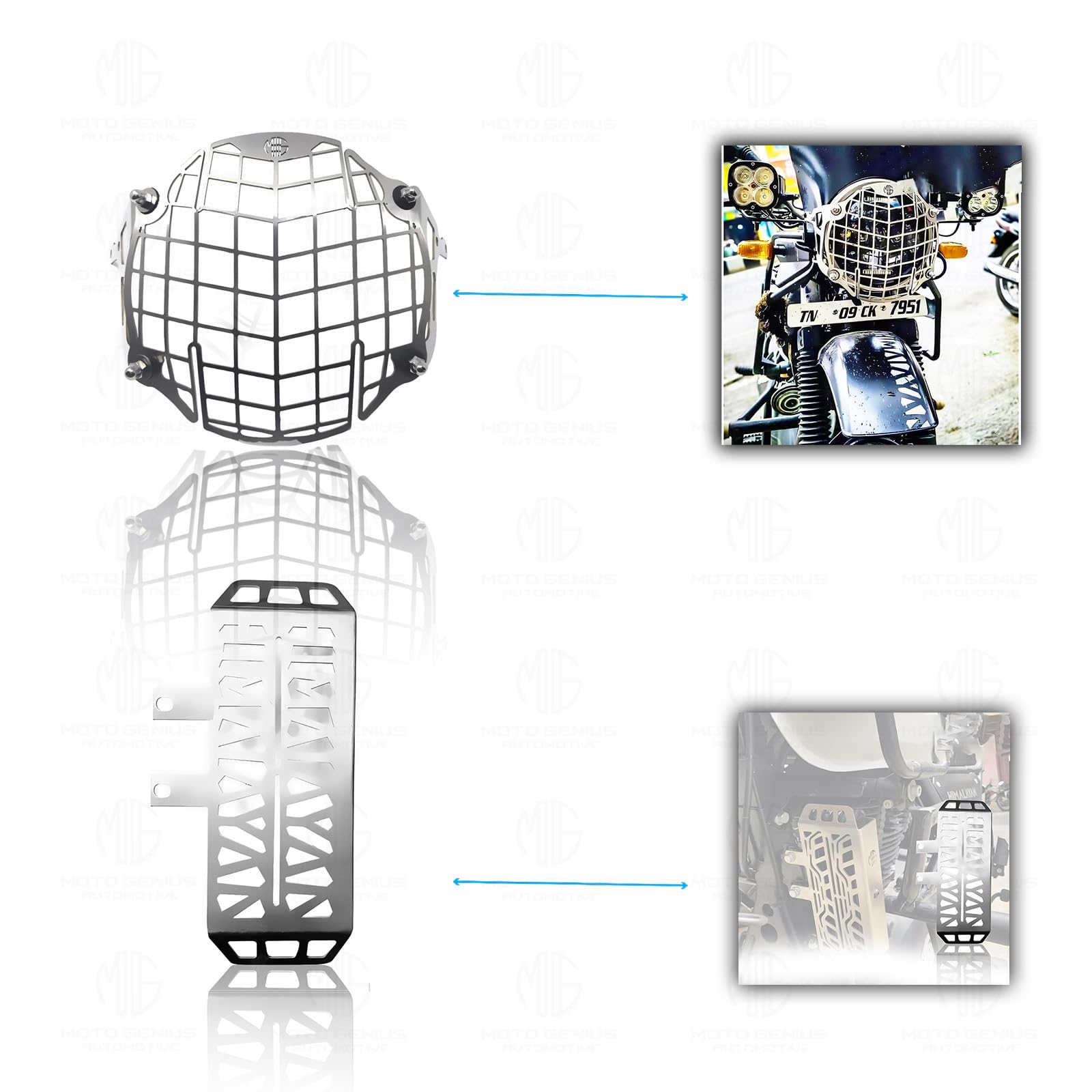 Stainless Steel Accessories Kit for RE Himalayan Motorbike | Radiator Guard, Check Shape Headlight Grill, Cylinder Guard, Side Stand Extender & Oil Reservoir Caps (Pack of 6) - Moto Genius