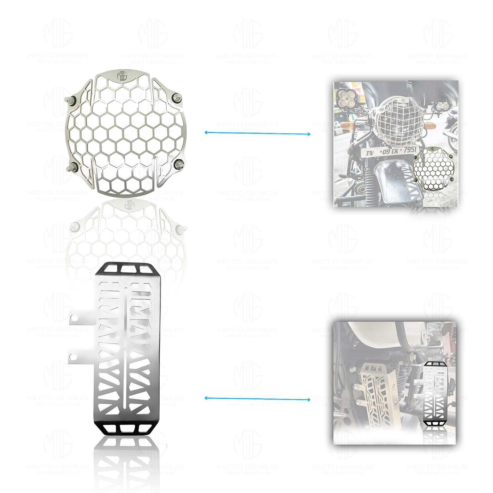 Stainless Steel Accessories Kit for RE Himalayan Motorbike | Radiator Guard, Honey Shape Headlight Grill, Cylinder Guard, Side Stand Extender & Oil Reservoir Caps (Pack of 6) - Moto Genius