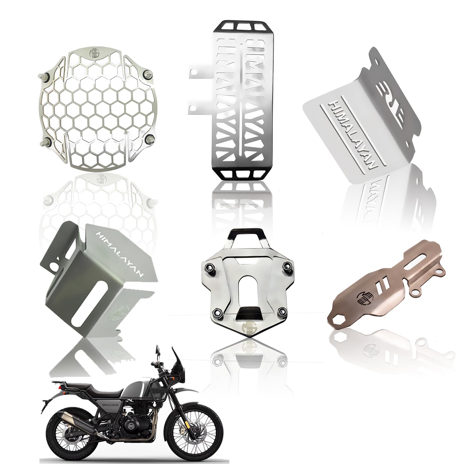 Stainless Steel Accessories Kit for RE Himalayan Motorbike | Radiator Guard, Honey Shape Headlight Grill, Cylinder Guard, Side Stand Extender & Oil Reservoir Caps (Pack of 6) - Moto Genius