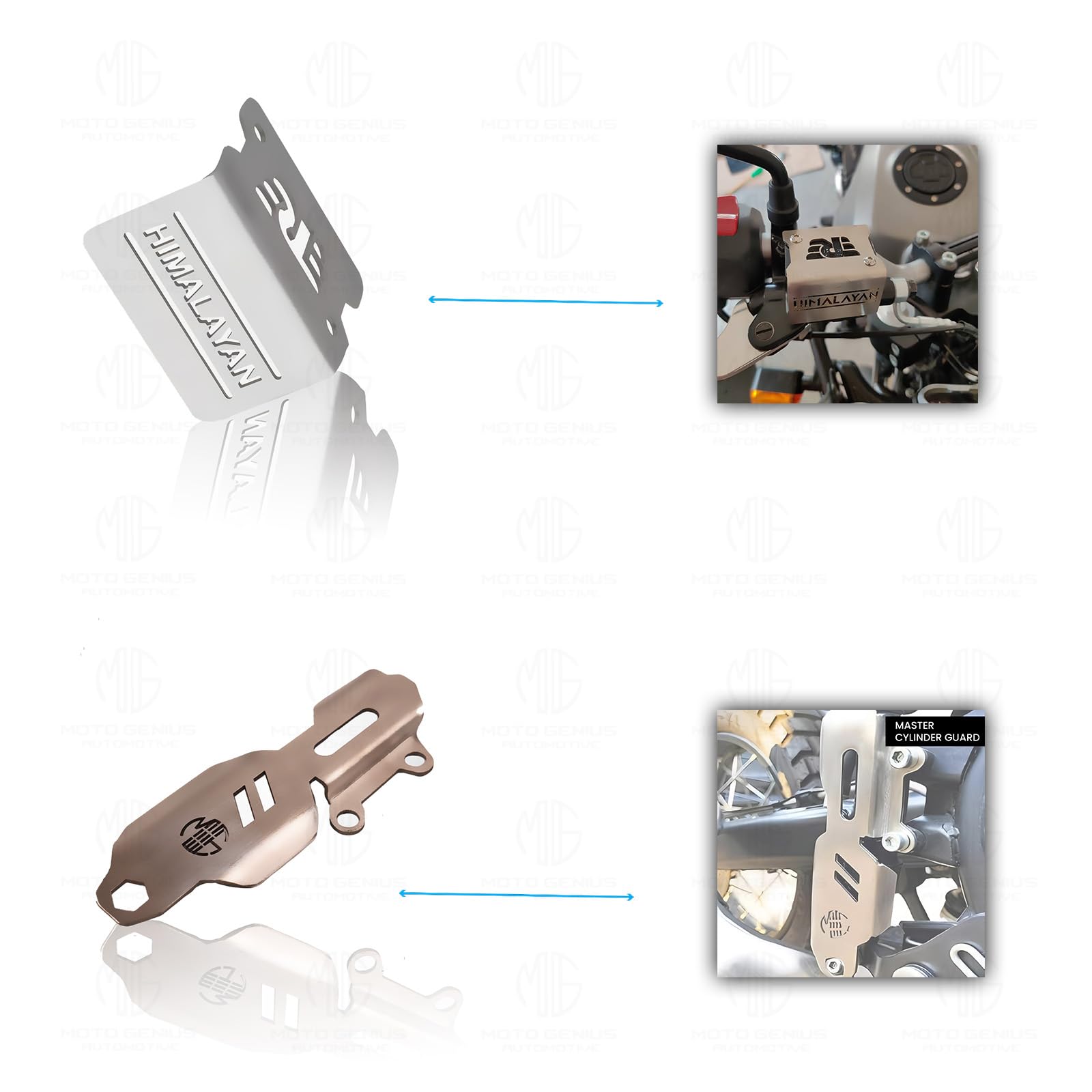 Stainless Steel Accessories Kit for RE Himalayan Motorbike | Radiator Guard, Spider Shape Headlight Grill, Cylinder Guard, Side Stand Extender & Oil Reservoir Caps (Pack of 6) - Moto Genius