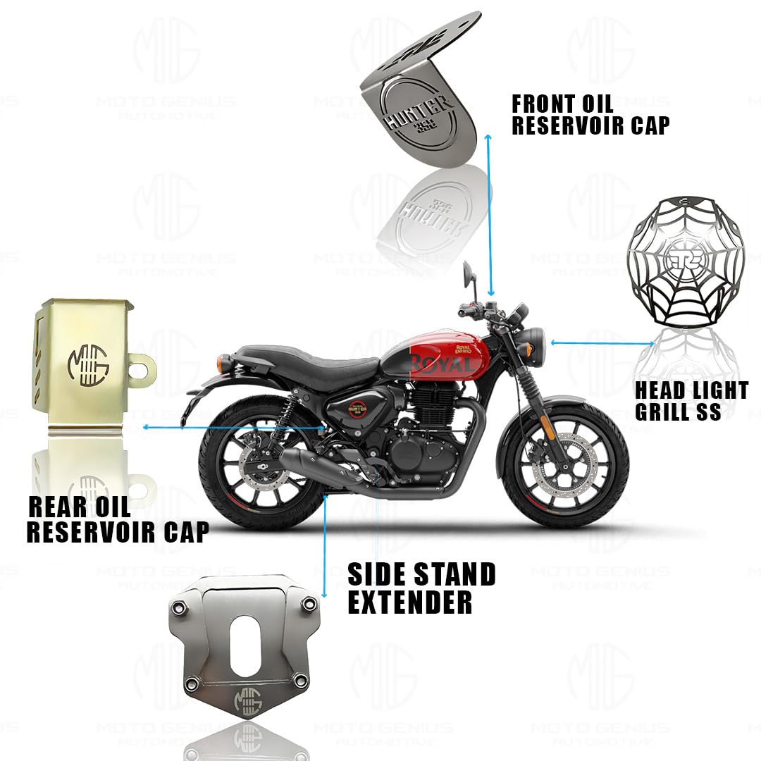 Stainless Steel Accessories Kit for RE Hunter Motorbike | Spider Shape Headlight Grill, Side Stand Extender, Front & Rear Brake Oil Reservoir Caps | Heavy-Duty Steel (Pack of 4) - Moto Genius