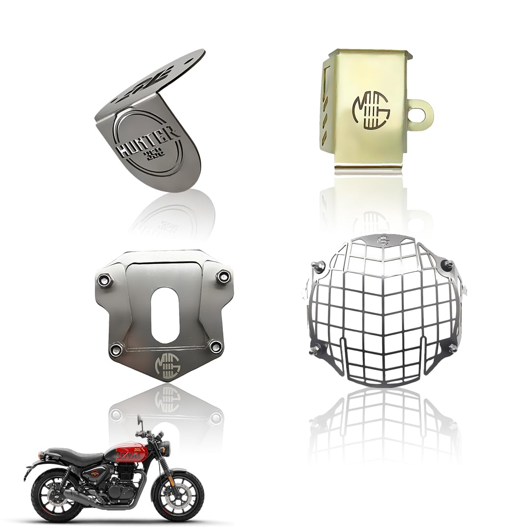 Stainless Steel Accessories Kit for RE Hunter Motorbike | Straight Shape Headlight Grill, Side Stand Extender, Front & Rear Brake Oil Reservoir Caps | Heavy-Duty Steel (Pack of 4) - Moto Genius