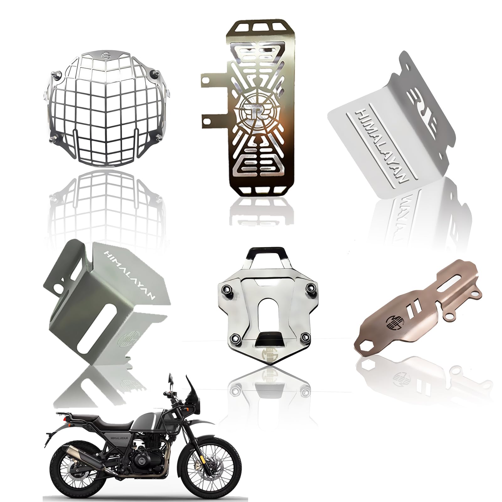 Staonless Steel Accessories Kit for RE Himalayan Motorbike | Radiator Guard, Check Pattern Headlight Grill, Cylinder Guard, Side Stand Extender & Oil Reservoir Caps (Pack of 6) - Moto Genius