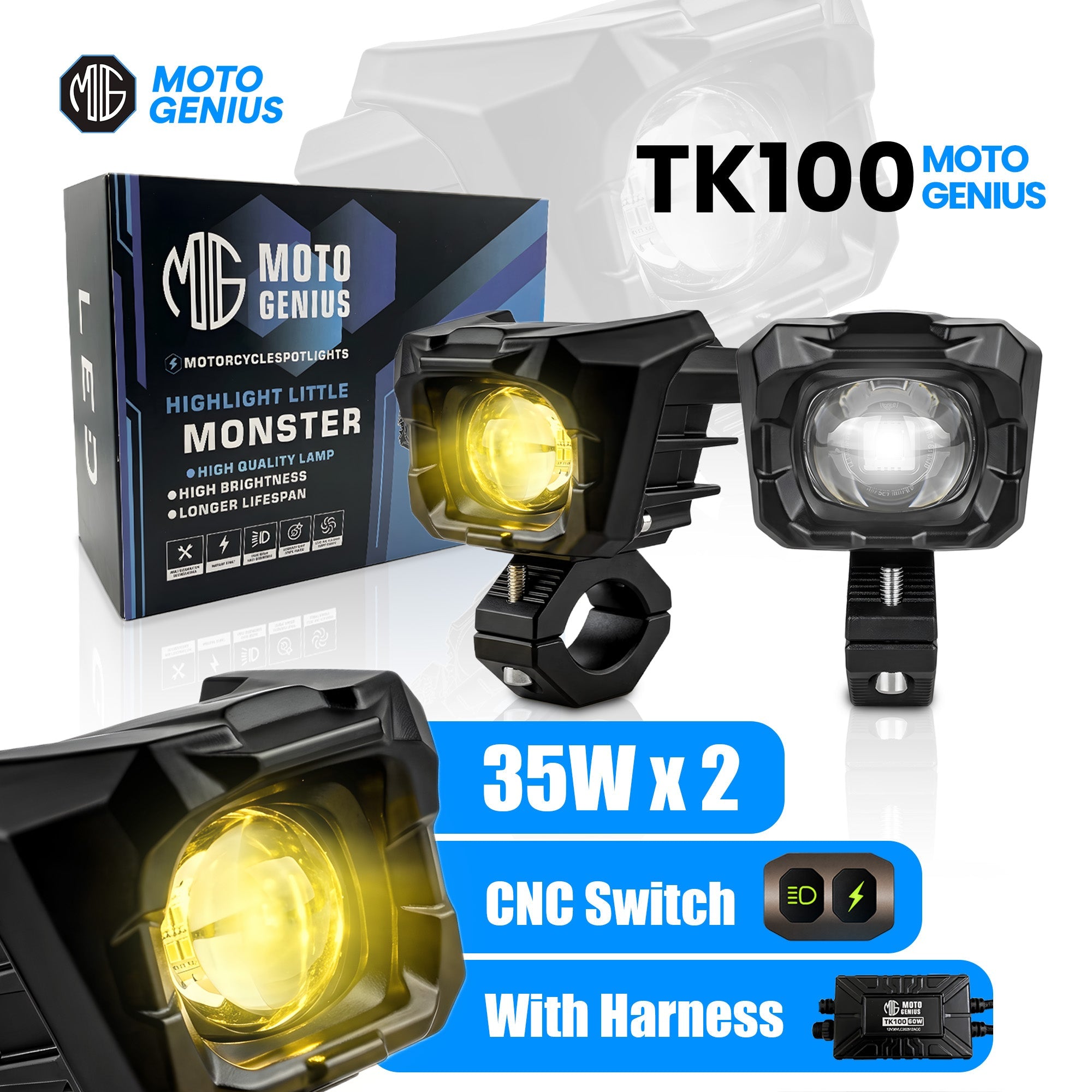 TK-100 WITH HARNESS 70W piece Dual Beam LED Auxiliary Fog Light for Motorcycles & Cars | White & Yellow Light | Universal Fit | Waterproof | High Brightness (MGF3) - Moto Genius