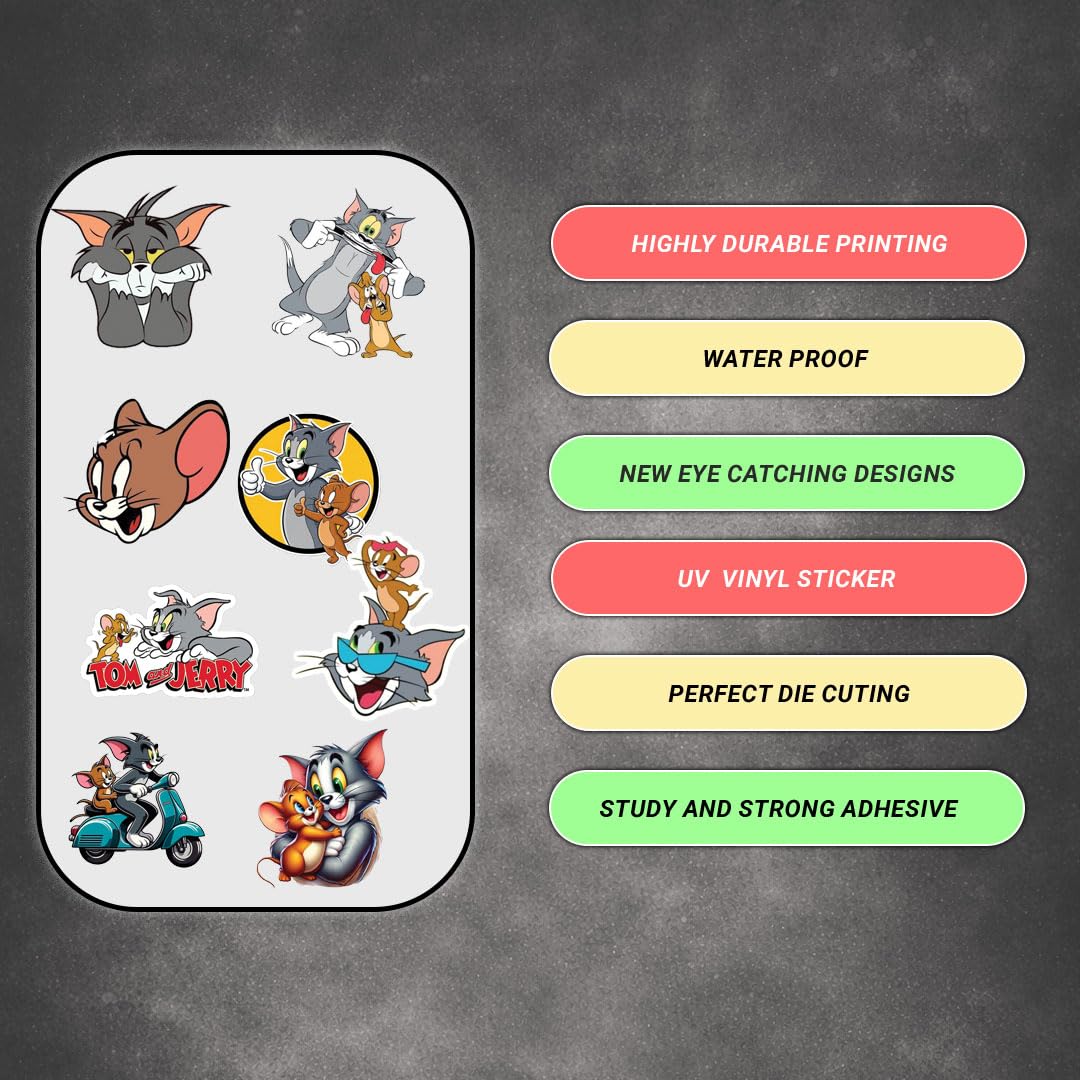 Tom & Jerry Cartoon 3D Waterproof Vinyl Stickers Pack | Self Adhesive Cute Cartoon Decal for Laptop, Mobile Phone, Helmet, Bike, Car, Notebook & Water Bottle - Moto Genius