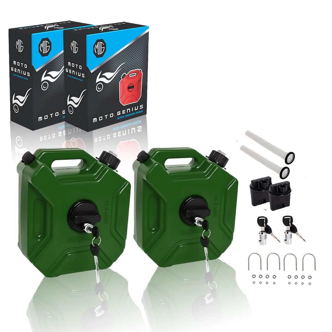 Universal 5 Liter Fuel Jerry Can With Clamp and Cap For Motorcycle | Fuel Container Heavy Duty construction for Petrol/diesel/kerosene Storage (Pack of 2)-Green - Moto Genius