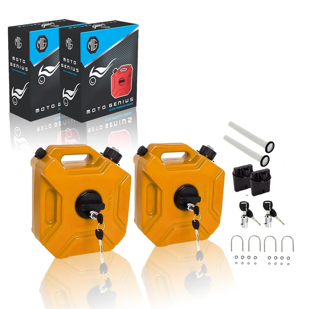 Universal 5 Liter Fuel Jerry Can With Clamp and Cap For Motorcycle | Fuel Container Heavy Duty construction for Petrol/diesel/kerosene Storage (Pack of 2)-Yellow - Moto Genius