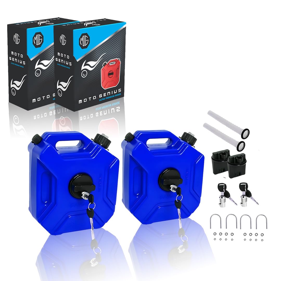 Universal 5 Liter Fuel Jerry Can With Clamp and Cap For Motorcycle | Fuel Container Heavy Duty construction for Petrol/diesel/kerosene Storage (Pack of 2)-Blue - Moto Genius