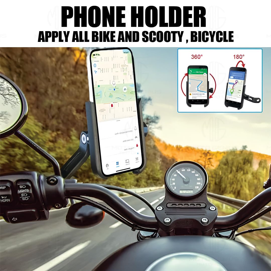Universal Aluminum Bicycle Motorcycle Phone Holder, 360-Degree Rotatable Handlebar Mount for Mobile Phones | Shockproof, Adjustable for Optimal Viewing Angles-Black - Moto Genius