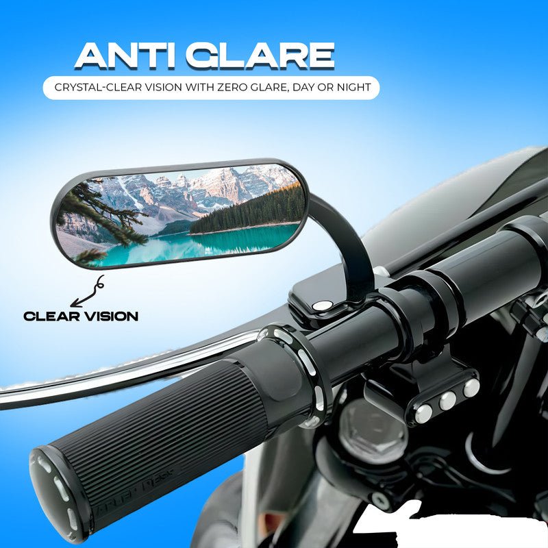 Universal Motorcycle Mini Oval Bar End Mirrors – Black Aluminum Rear View Side Mirrors, 360° Adjustable, Handlebar Fit, Left & Right Pair - Moto Genius