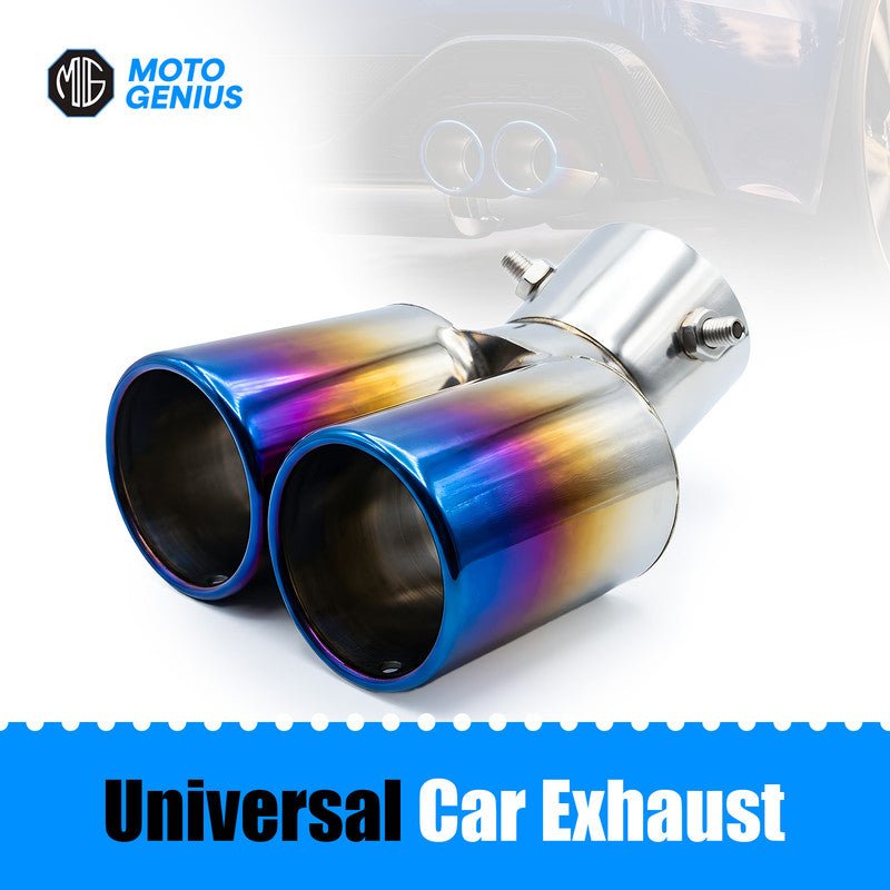 Universal Stainless Steel Burnt Neo Chrome Dual Pipe Car Exhaust Muffler Tip | Rainbow Iridescent Round Shaped Straight End Tail Pipe Show Modification Accessory for All Cars-Blue - Moto Genius