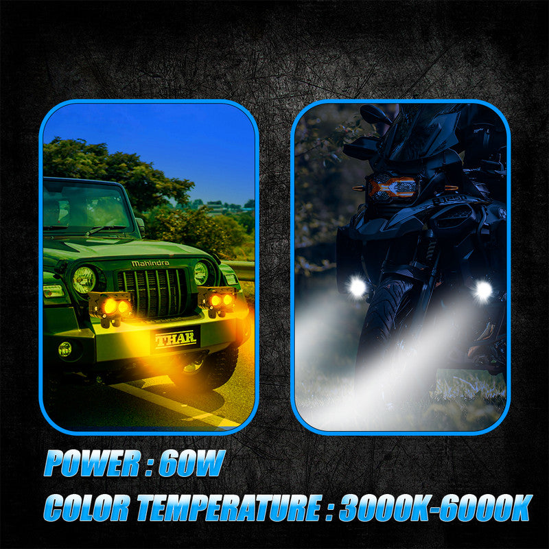 JX-130 WITHOUT HARNESS 40W Dual Color LED Fog Light for Motorcycles | 2 LED Dual Beam White & Yellow | Waterproof Auxiliary Driving Lamp (Pack of 2)