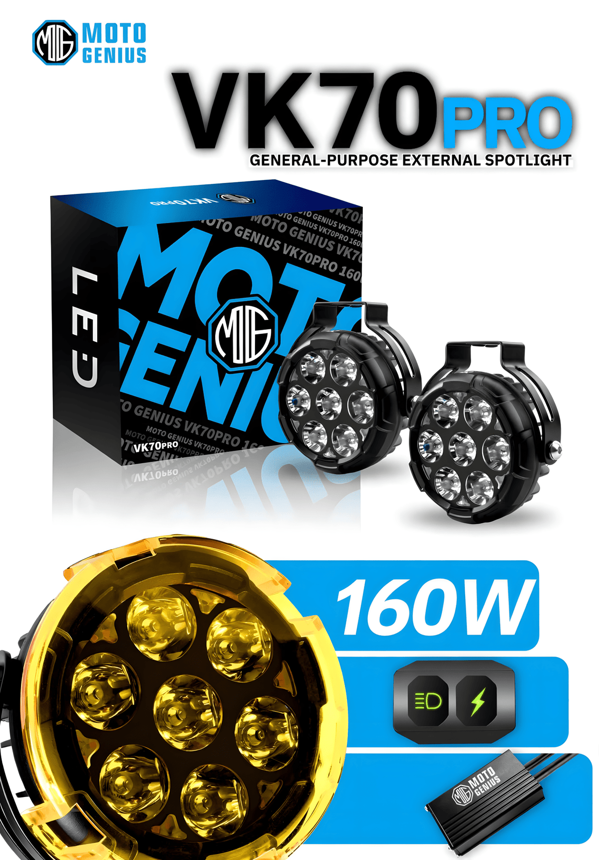 VK 70 Pro 90W piece, LED Auxiliary Fog Lights with DRL | Wiring Harness & Mounts Included | Yellow Covers | Ultra Bright Touring Lights (Pack of 2) (MGF3) - Moto Genius