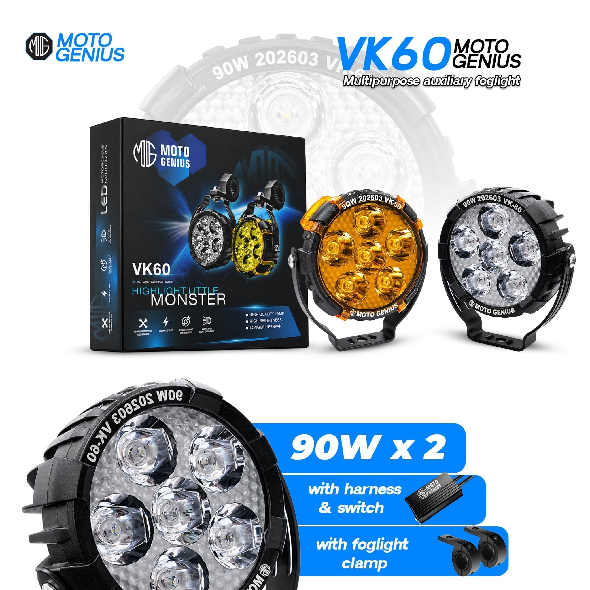 VK60 90W×2 Auxiliary Fog Lights for Motorcycles & EVs – Dual Color High/Low Beam IP67 Waterproof with Wiring Harness & Clamp (Pack of 2) (MGF3) - Moto Genius