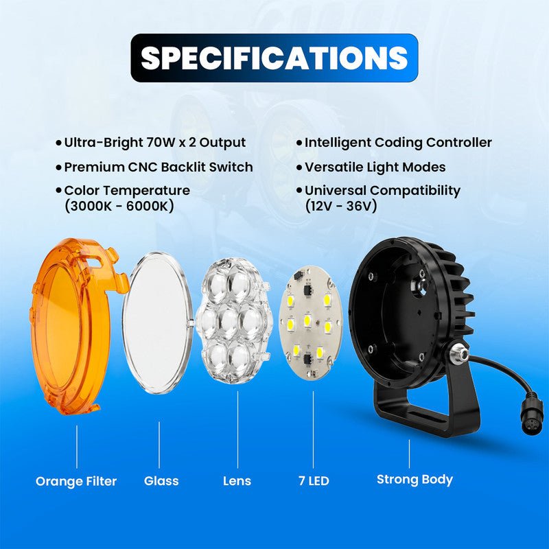 VK700 70W x 2 Motorcycle Fog Light Auxiliary LED Light Set | High Brightness CNC Switch & Wiring Harness | Universal Fit Waterproof Bike Driving Lights (Pack of 2) - Moto Genius
