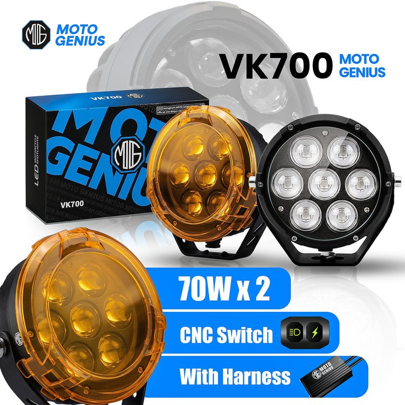 VK700 70W x 2 Motorcycle Fog Light Auxiliary LED Light Set | High Brightness CNC Switch & Wiring Harness | Universal Fit Waterproof Bike Driving Lights (Pack of 2) - Moto Genius