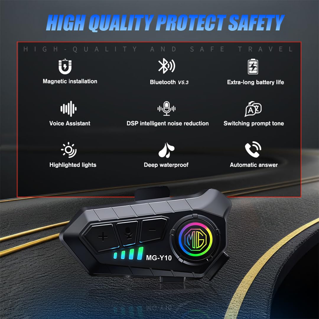 Y10 Motorcycle Helmet Bluetooth Headset | Wireless 5.3 Waterproof IPX6, Noise Cancelling Helmet Headphones with Mic for Single Rider, Hands-Free Music & Calls - Moto Genius