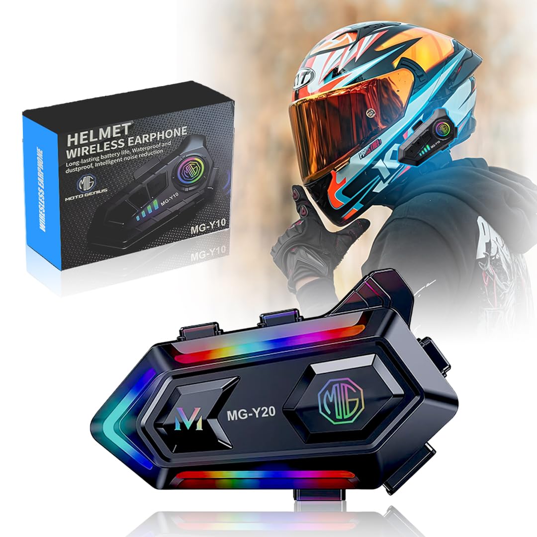 Y20 Motorcycle Helmet Bluetooth Headset with RGB Lighting, Bluetooth 5.3, Smart Noise Reduction, HiFi Sound Quality, IPX6 Waterproof