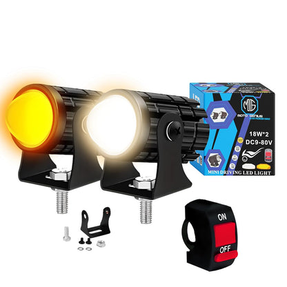 18W LED Motorcycle Fog Light with Switch – Dual Color & | Projector Headlight with Lens | Waterproof Spotlight Lamp | Universal Fit for Bikes & Scooters (Pack of 2) (MGF1) - Moto Genius