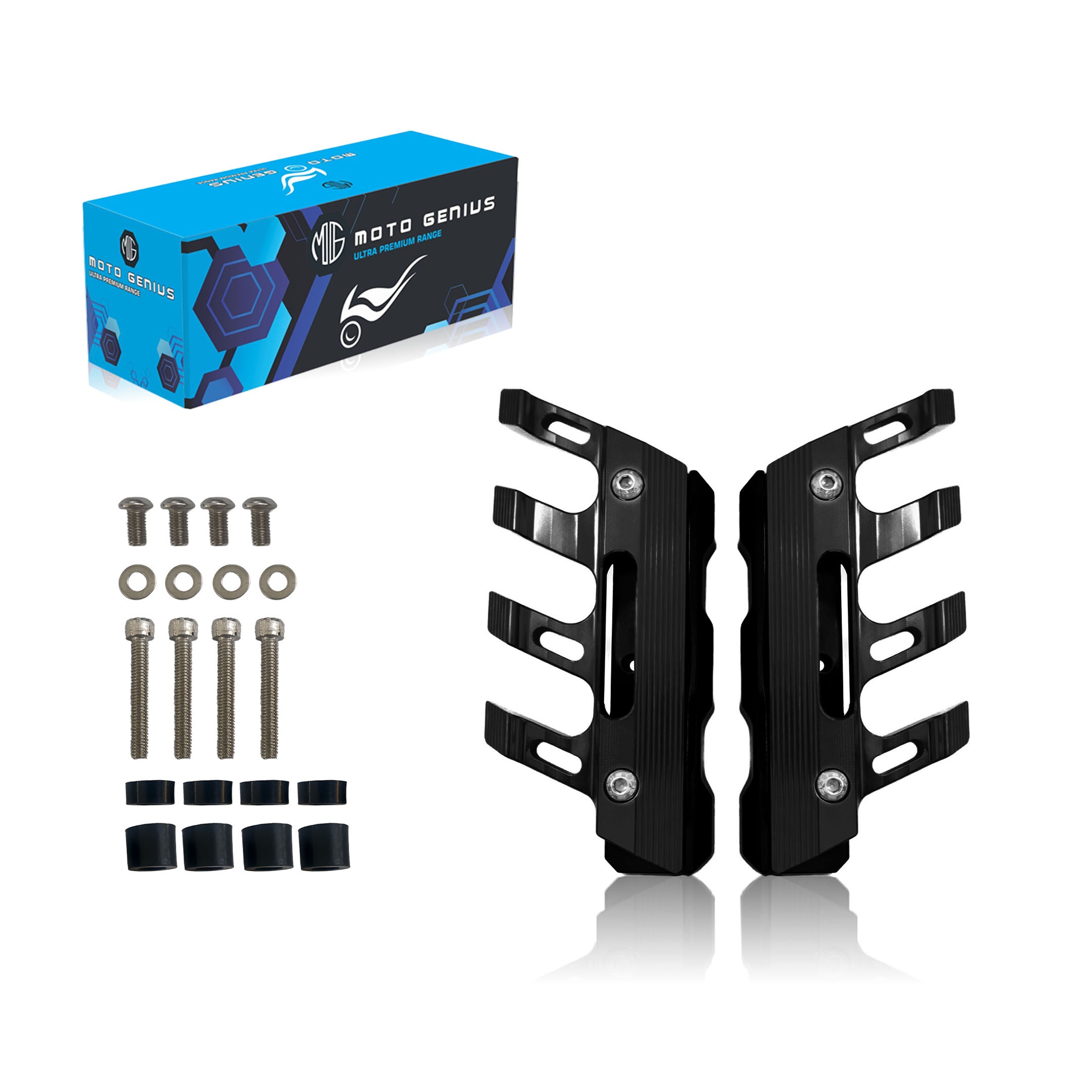MOTO GENIUS Universal CNC Aluminum Motorcycle Front Fork Protector Anti-Fall Crash Slider, Shock Absorber & Front Fender Guard for Bikes