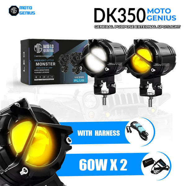 DK350 Y-Type LED Fog Light with Wiring Harness | Korean Chip Laser Light | 2-in-1 Spot & Flood | Yellow & White Dual Color | Wide Coverage | For Bike & Car (Pack of 2)