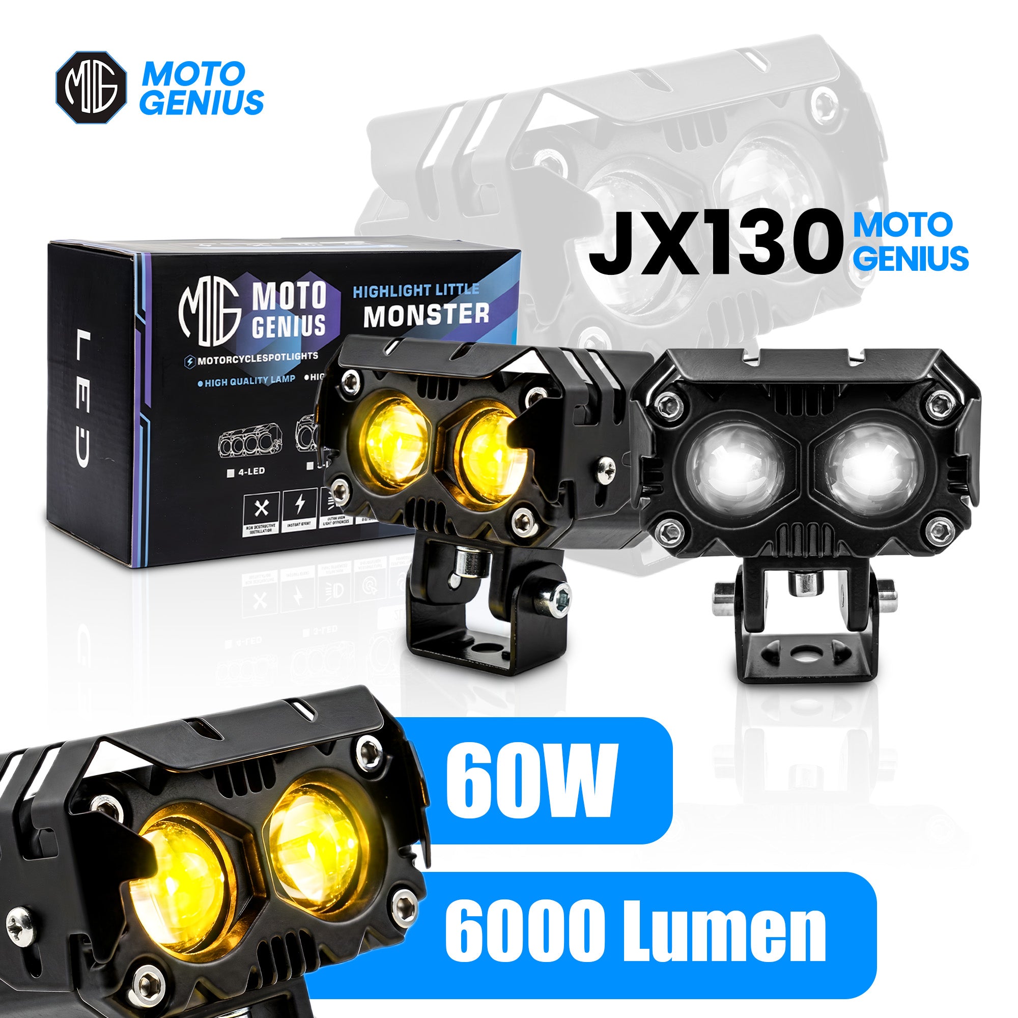 JX 130 WITHOUT HARNESS 60W Dual Color LED Fog Light for Motorcycles | 2 LED Dual Beam White & Yellow | Waterproof Auxiliary Driving Lamp (Pack of 2) (MGF2)