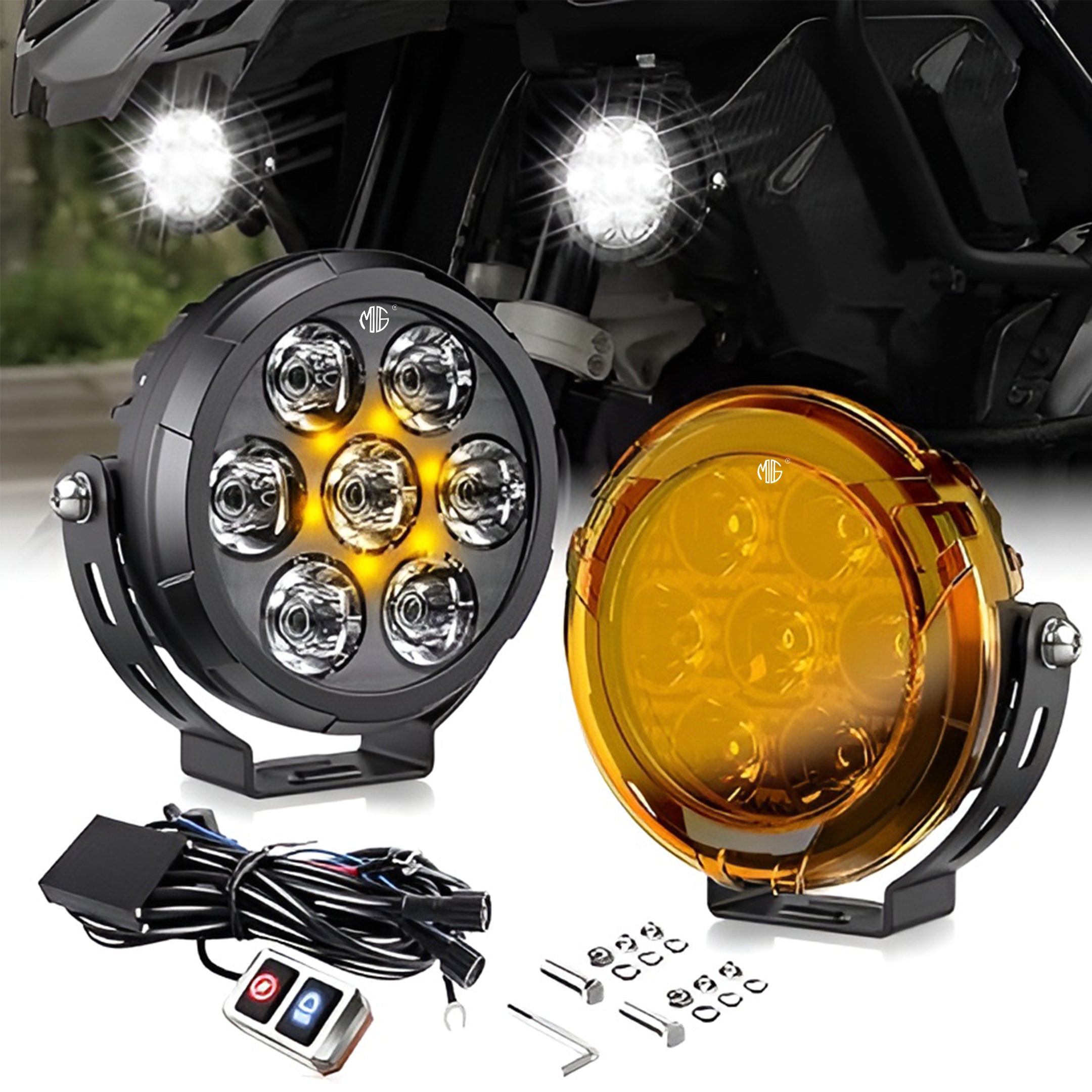 Moto Genius VK 70 Pro 90W piece, LED Auxiliary Fog Lights with DRL | Wiring Harness & Mounts Included | Yellow Covers | Ultra Bright Touring Lights (Pack of 2)