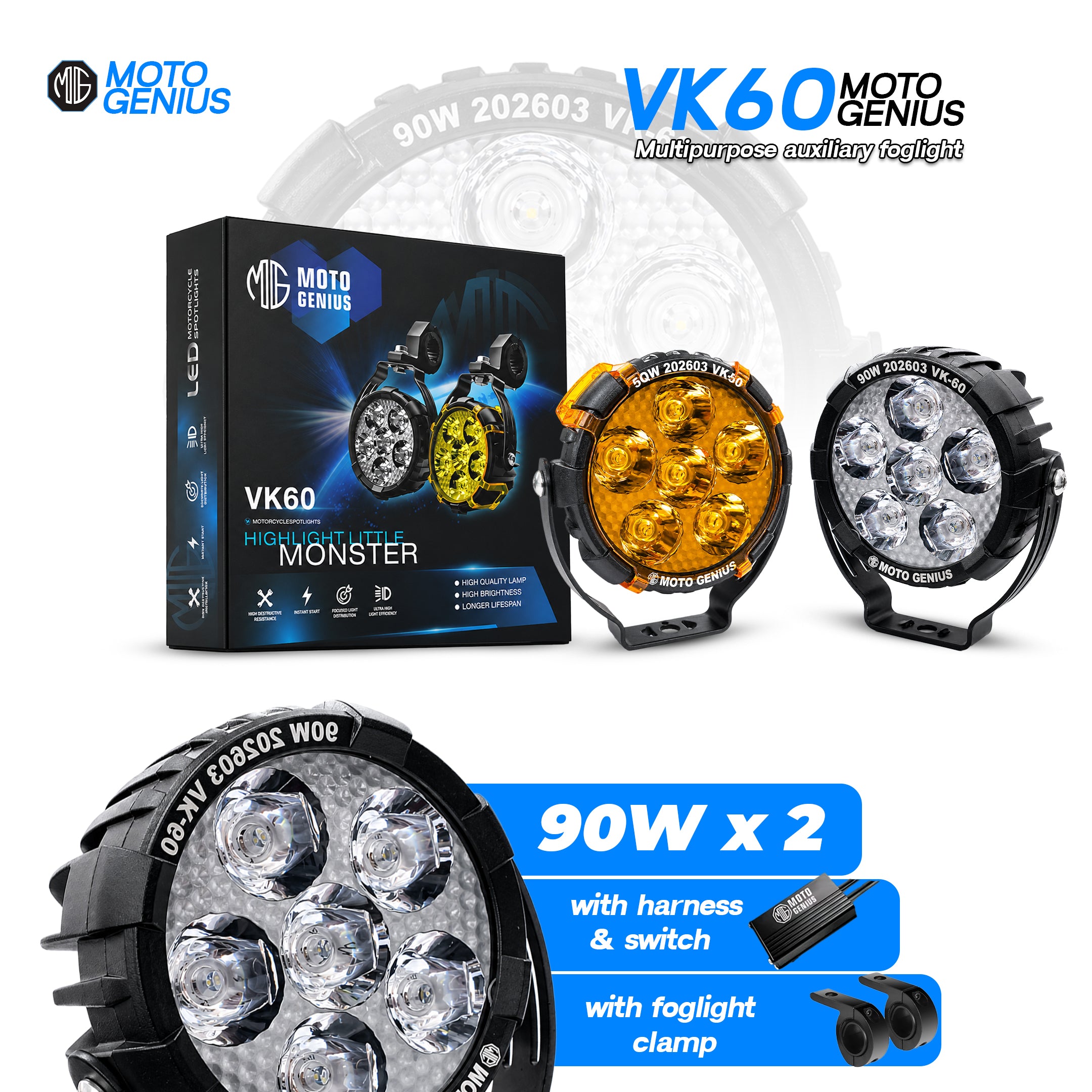 VK60 90W×2 Auxiliary Fog Lights for Motorcycles & EVs – Dual Color High/Low Beam IP67 Waterproof with Wiring Harness & Clamp (Pack of 2) (MGF3)