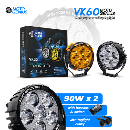 VK60 90W×2 Auxiliary Fog Lights for Motorcycles & EVs – Dual Color High/Low Beam IP67 Waterproof with Wiring Harness & Clamp (Pack of 2) (MGF3)