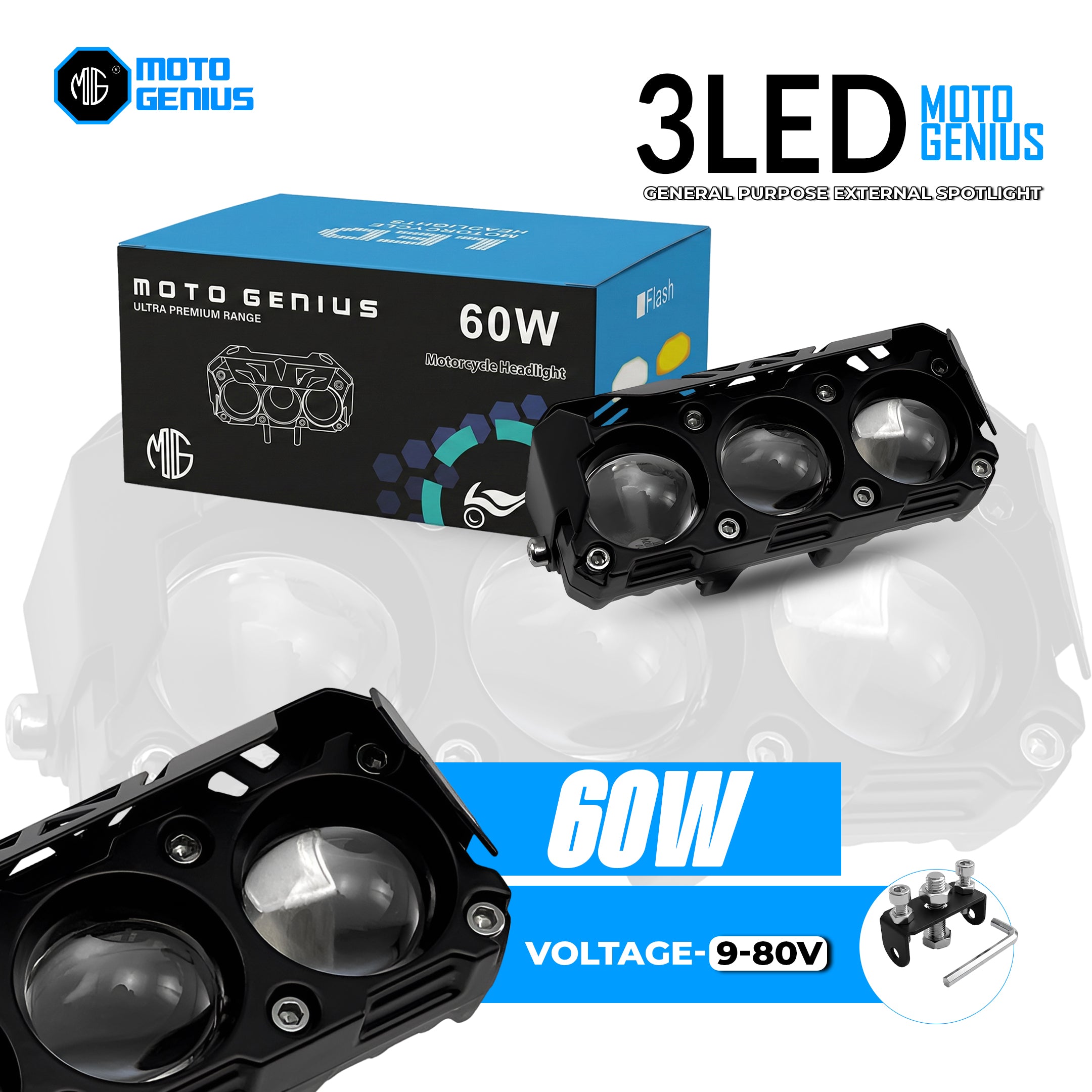 MOTO GENIUS 60W Motorcycle Dual Color LED Headlight | 3-LED Mini Projector Spot/Fog Light | Yellow & White Beam | Waterproof Auxiliary Driving Lamp for All Bikes