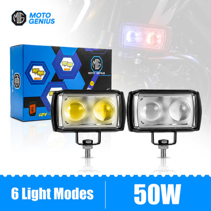 MOTO GENIUS Universal 50W Motorcycle LED Fog Light Kit | Dual Lens Projector Spotlight with Wired Switch | 12V-80V Waterproof Riding Lamps for Bikes(Pack of 2)