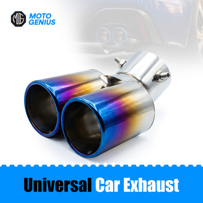 Universal Stainless Steel Burnt Neo Chrome Dual Pipe Car Exhaust Muffler Tip | Rainbow Iridescent Round Shaped Straight End Tail Pipe Show Modification Accessory for All Cars