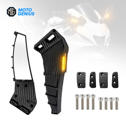 Adjustable Universal Motorcycle Rearview Mirrors with LED Turn Signals, Rotating Wind Wing Side Mirrors, Carbon Fiber Finish, Modified Rear View Mirrors for Most Motorcycles & Bikes