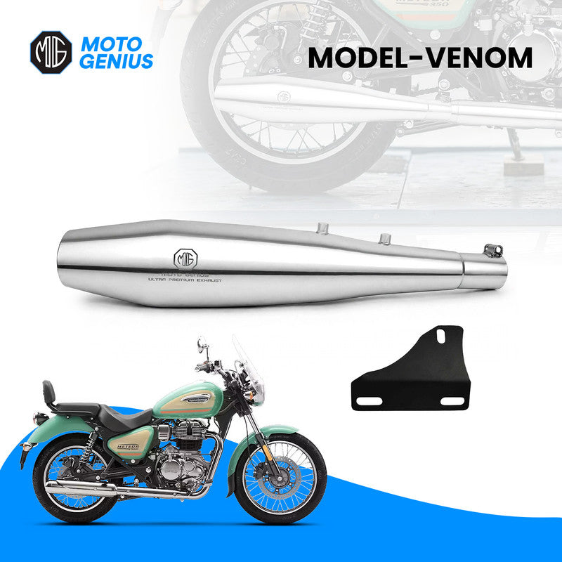 Venom Stainless Steel Exhaust Silencer for Royal Enfield Classic 350 Reborn & Meteor 350 (Chrome Silver) | Premium SS-304 Anti-Rust Performance Muffler