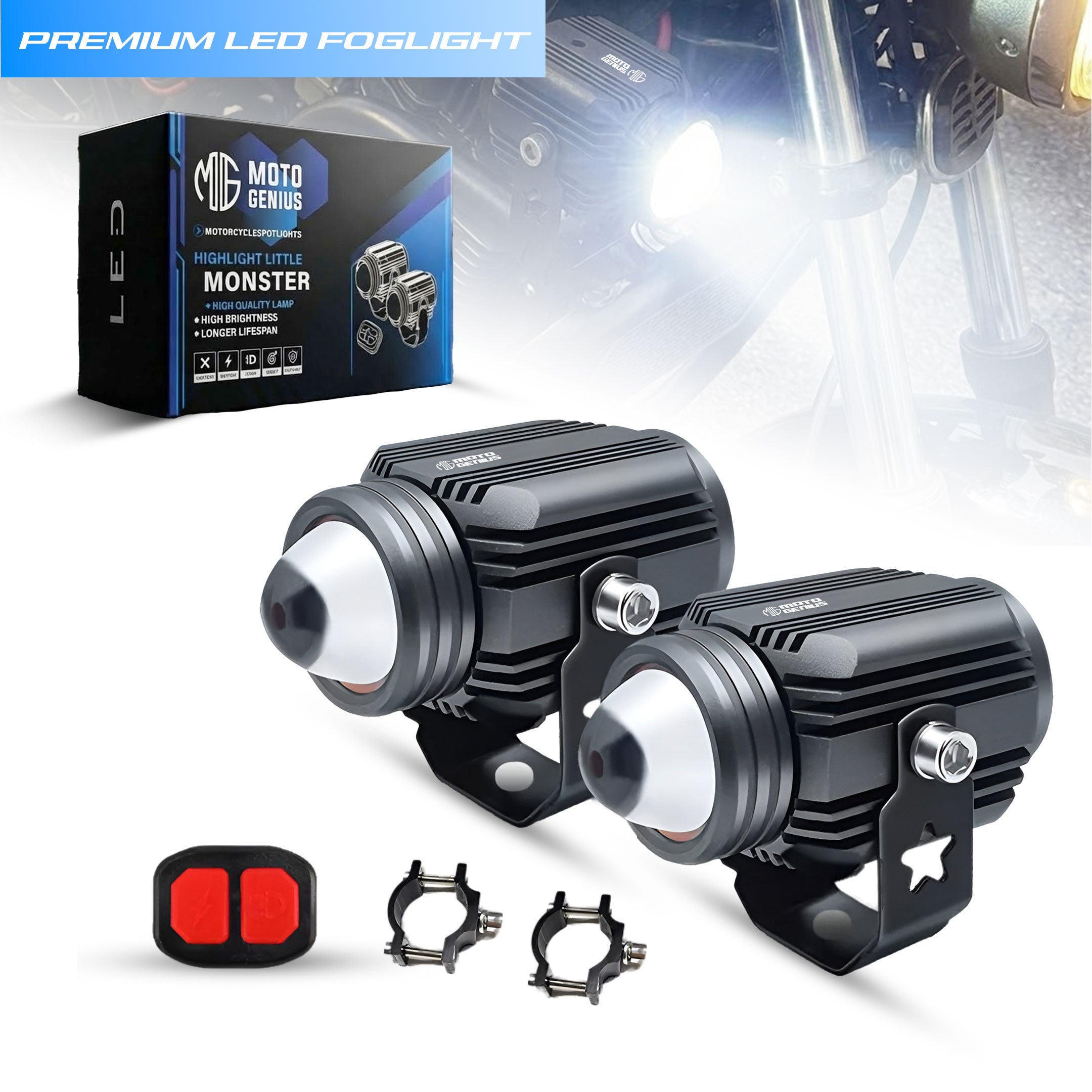 DK16 WITH HARNESS Auxiliary LED FOG Lights 45W with Wireless Spotlight Switch Harness & Mounting Clamps, 12V–30V, Universal Fit for Motorcycles & Cars