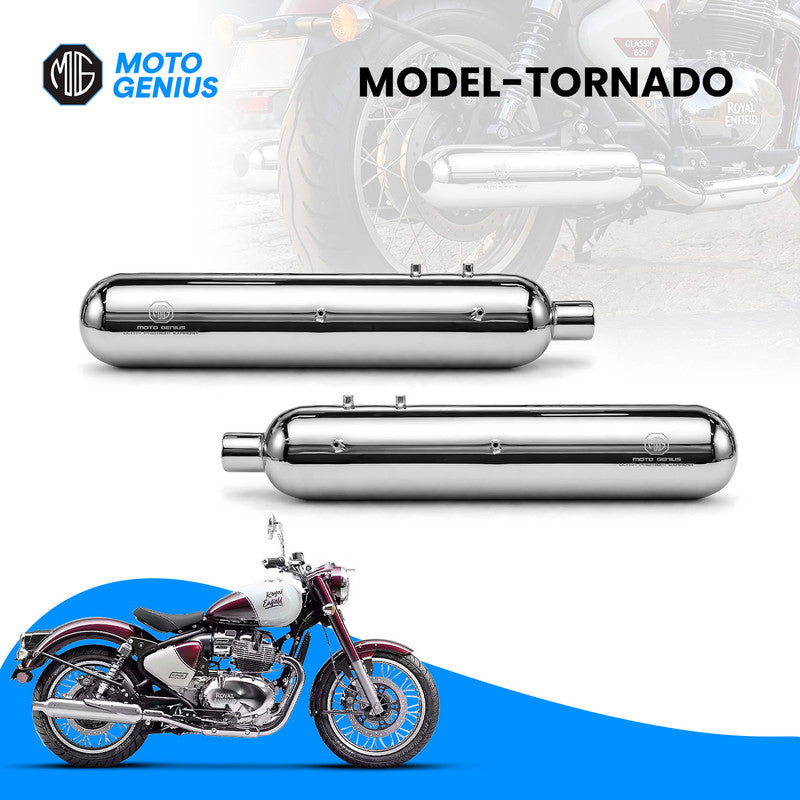 Tornado Stainless Steel Dual Exhaust Silencer for Royal Enfield Classic 650 Twin (Both Sides, Left + Right) | Premium SS-304 Anti-Rust Performance Muffler Pair (Chrome Silver)