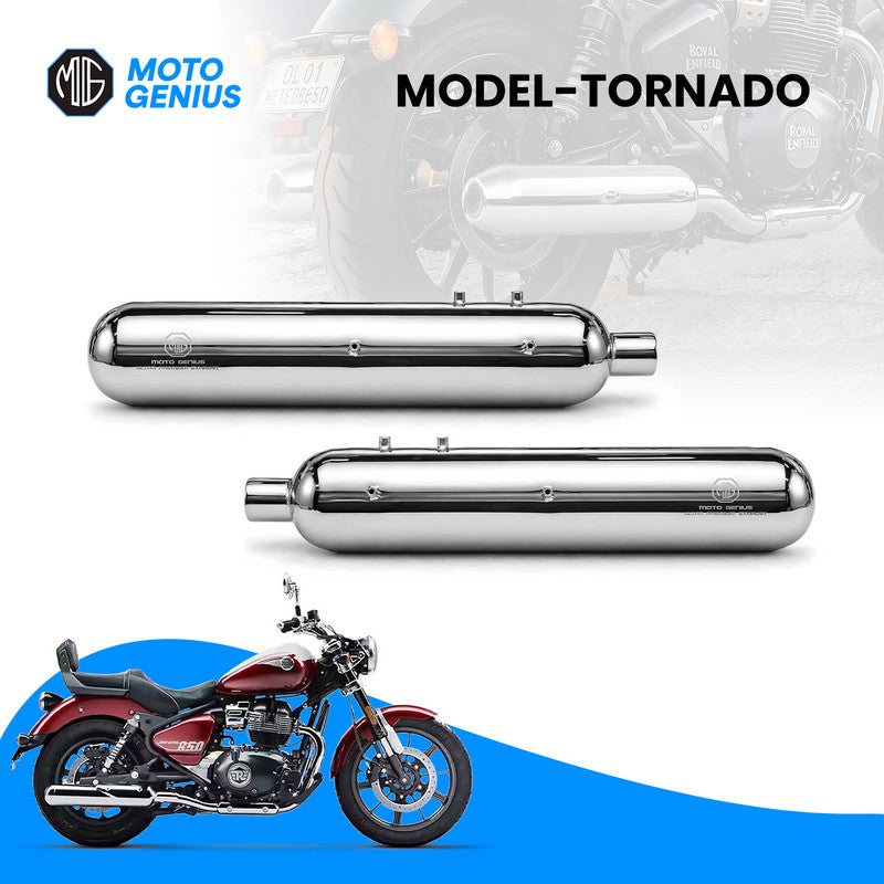 Tornado Stainless Steel Dual Exhaust Silencer for Royal Enfield Super Meteor 650 (Both Sides, Left + Right) | Premium SS-304 Anti-Rust Performance Muffler Pair (Chrome Silver)
