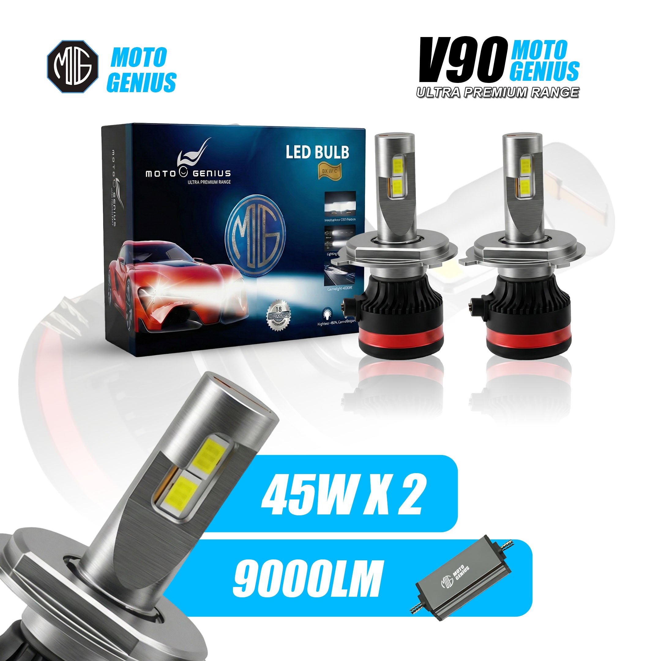 MOTO GENIUS Super Bright 90W H4 LED Headlight Conversion Kit (Pack of 2) – Waterproof High & Low Beam White Light Bulbs for Cars, Motorcycles, Bikes & Scooters, 9V-32V Universal Fit