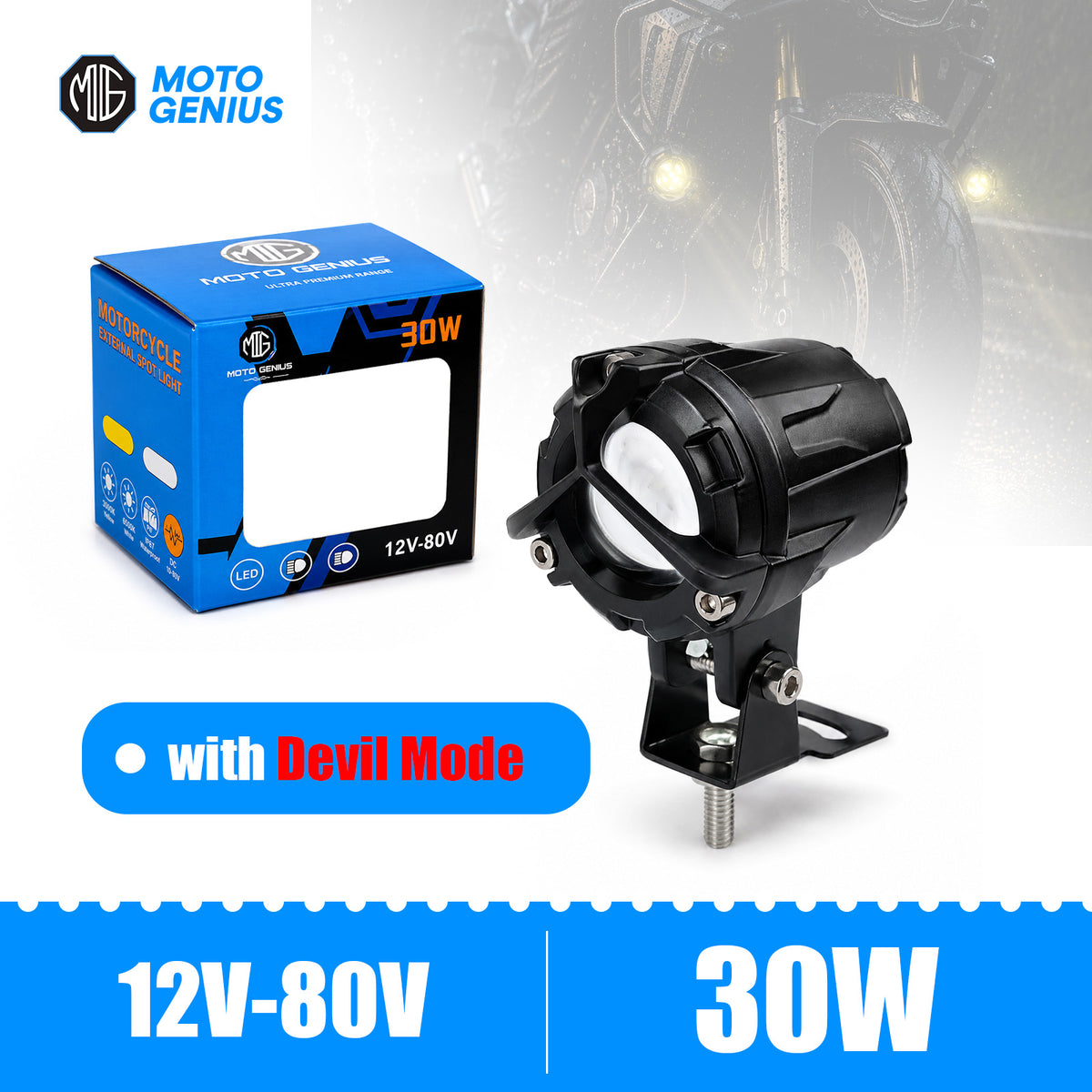 MOTO GENIUS 30W Y Shape Fog Light 12-80V Waterproof LED Auxiliary Light with Multiple Modes & Devil Eye Effect
