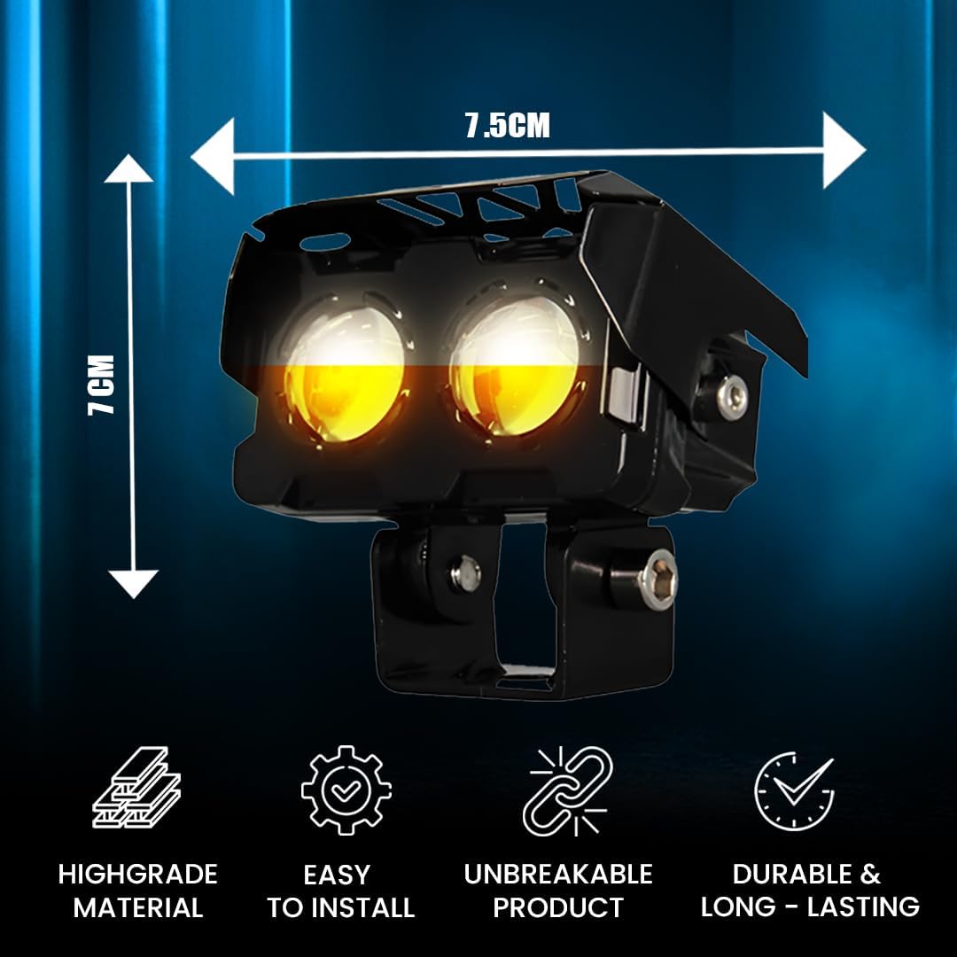2 LED Fog Light Projectors, 40W Dual Beam (Hi/Lo), White & Yellow Light, IP67 Waterproof, Universal Fit for Car, Bike, Motorcycle and Scooter (Pack of 1) (MGF1) - Moto Genius