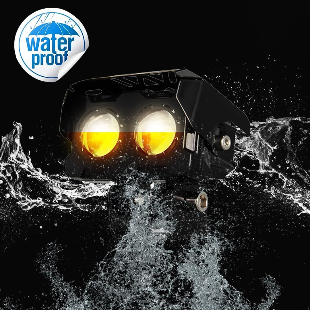 2 LED Fog Light Projectors, 40W Dual Beam (Hi/Lo), White & Yellow Light, IP67 Waterproof, Universal Fit for Car, Bike, Motorcycle and Scooter (Pack of 1) (MGF1) - Moto Genius