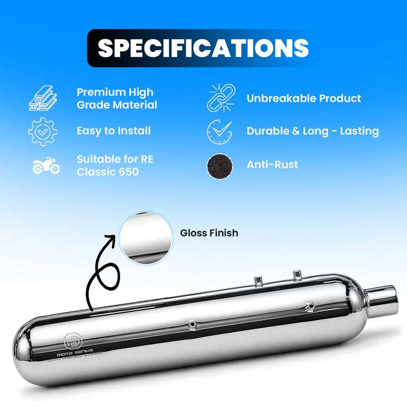 Tornado Stainless Steel Dual Exhaust Silencer for Royal Enfield Classic 650 Twin (Both Sides, Left + Right) | Premium SS-304 Anti-Rust Performance Muffler Pair (Chrome Silver)