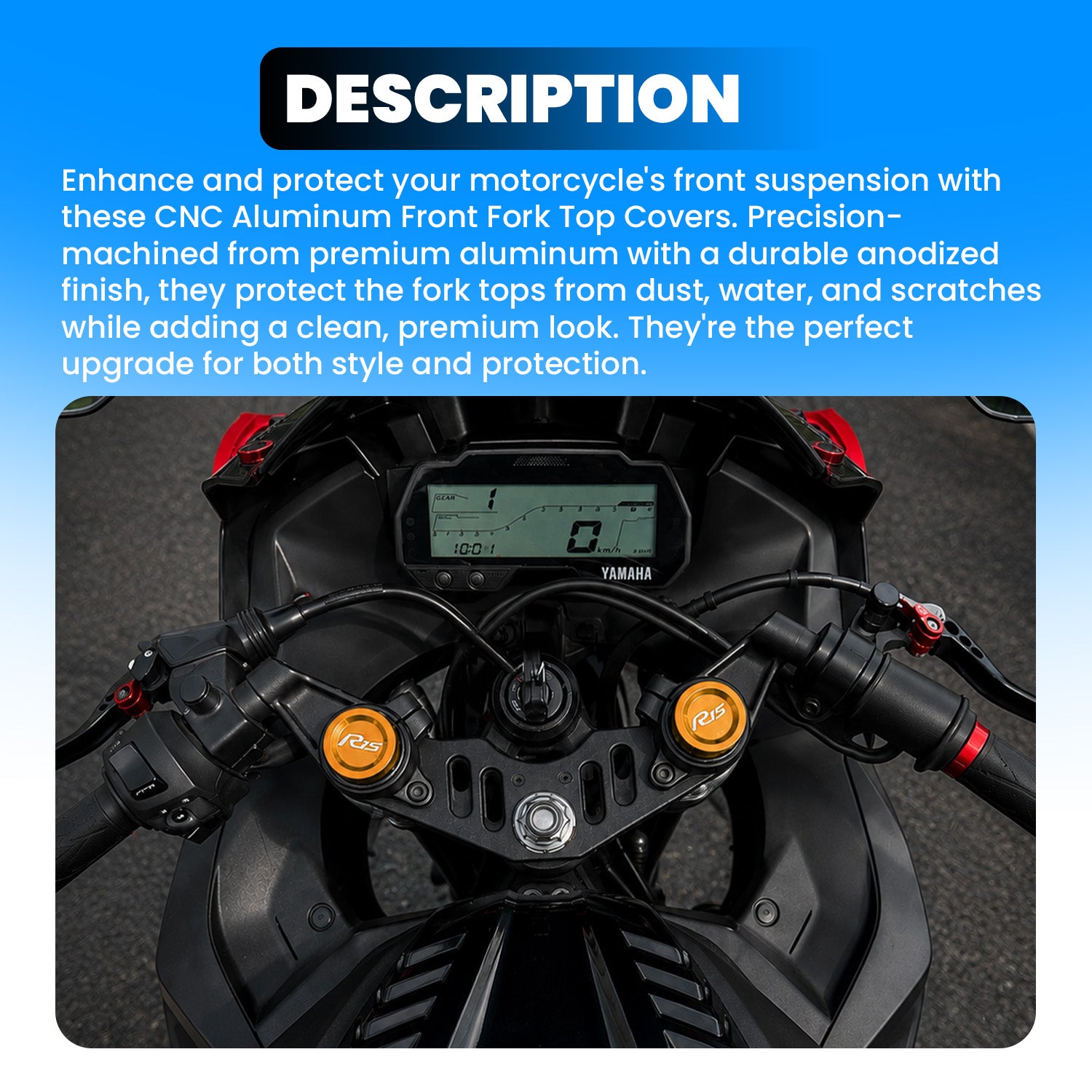 Front Fork Cap Cover for Yamaha R15 V4 / R15 V3 – Premium Anodized CNC MADE Front Shocker Top Fork Cover (Pair)