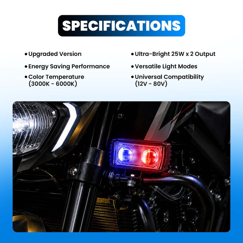 MOTO GENIUS Universal 50W Motorcycle LED Fog Light Kit | Dual Lens Projector Spotlight with Wired Switch | 12V-80V Waterproof Riding Lamps for Bikes(Pack of 2)