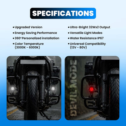 32W×2 LED Fog Lights with Wired Switch, Devil Eye DRL Style Auxiliary Driving Lights for Motorcycles, Trucks, Boats, Tractors & SUVs – Universal Fit