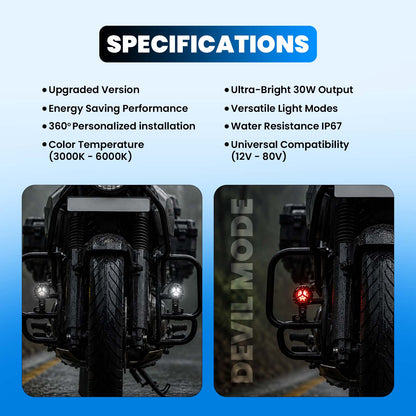 MOTO GENIUS 30W Y Shape Fog Light 12-80V Waterproof LED Auxiliary Light with Multiple Modes & Devil Eye Effect
